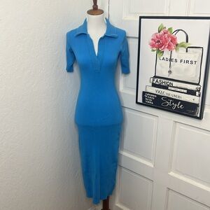 Caroline Constas Blue Ribbed Midi Shirt Dress Size S